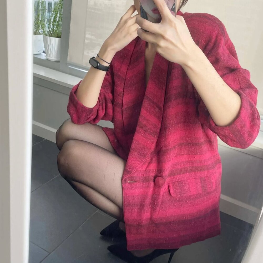Vintage Striped Wool Blazer: 90s Italian Red Burgundy Jacket